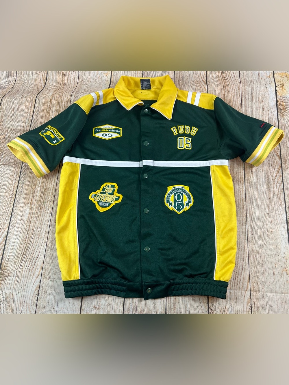 Vintage Fubu Patch Jersey Button Shirt Green Yellow Large 16-18 Boys